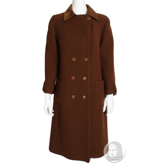 Hermes Brown Double Breasted Suede Leather Trim Trench Style Wool Coat, 1970s - Picture 3 of 11
